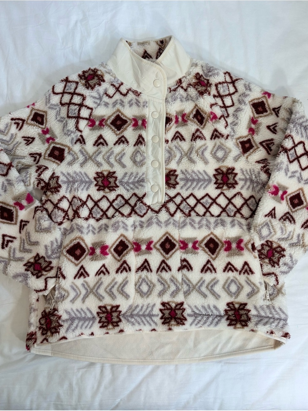 Lou & Grey Cream Aztec-Pattern Snap-Neck Pullover with Pink Accents